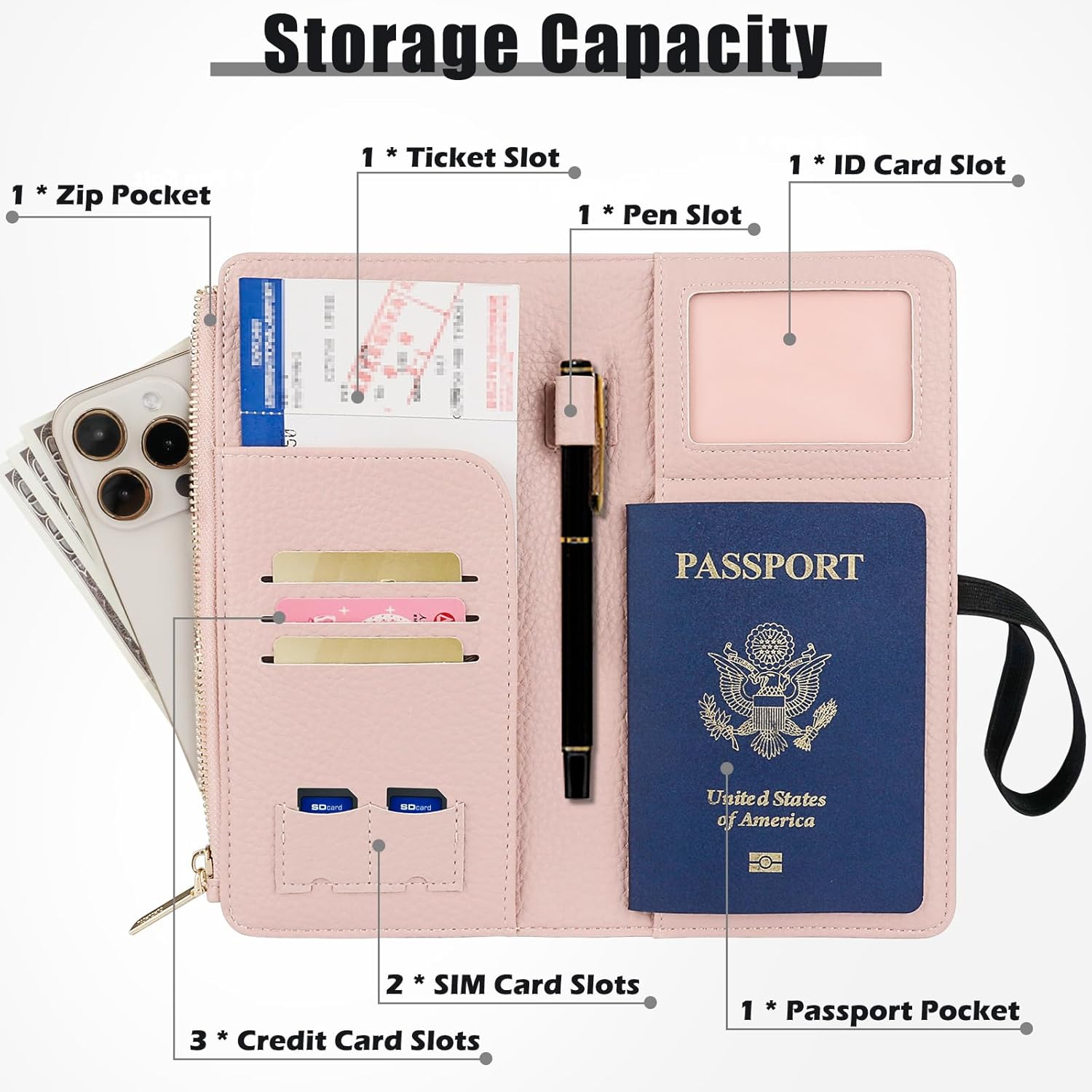 Travel Passport Wallet, RFID Blocking Passport Holder with Zipper, Passport Cover for Women Men, PU Leather Travel Document Organizer with Card Slots, Gift for Family Friends, Pink