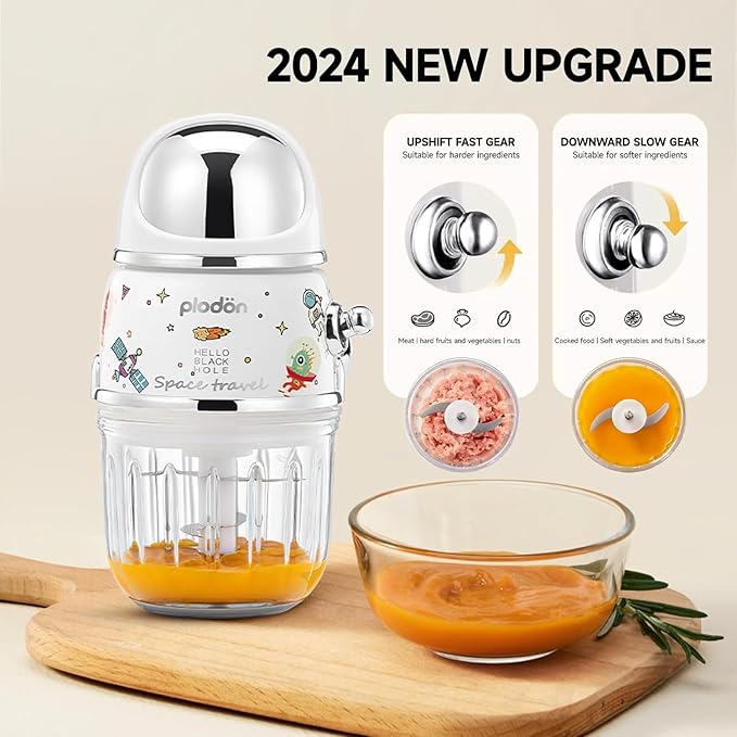 Baby Food Maker Mini Cute and Small Food Processor Puree Blender Grinder Chopper 1.2 Cup Glass Bowl with 6 Blade Electric (Spaceman-White(One Bowl))