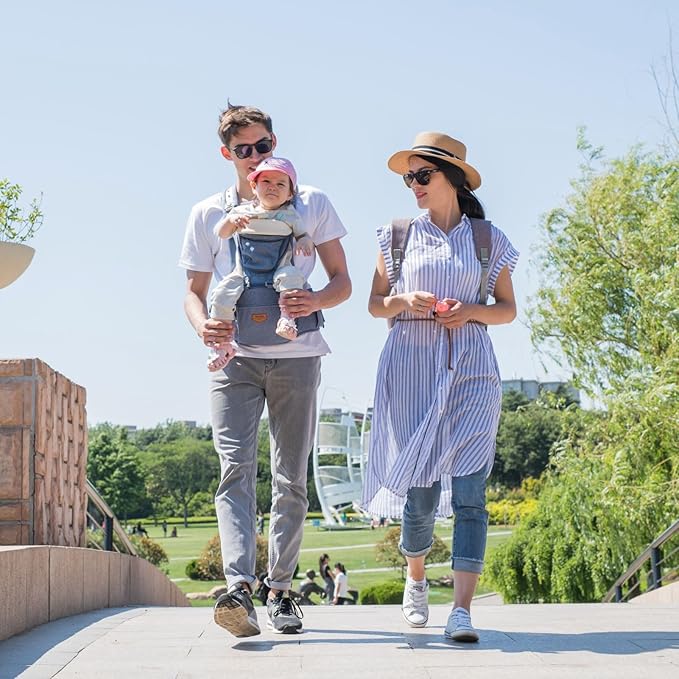 SUNVENO 3 in 1 Ergonomic Baby Carrier with Hip Seat for Newborns and Toddlers, Supports 20 lbs and Up, Waist and Back Relief with Large Weight Capacity for All Season Use, Grey