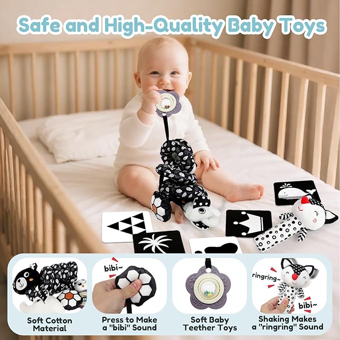 Car Seat Toys for Babies 0-6 Months,Hanging Rattle Toys for Crib Mobile, Baby Spiral Hanging Stroller Black and White High Contrast Toys for Newborn 0 3 6 9 12 Months Baby Boys Girls (Set-2)