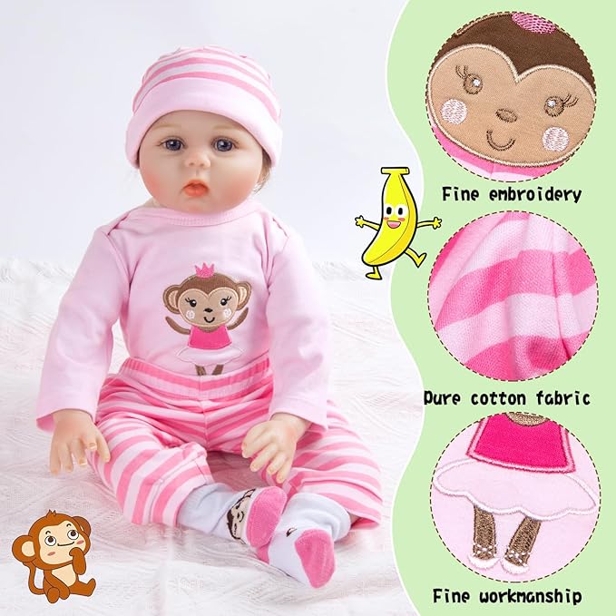 8 Pcs Reborn Baby Doll Clothes with Cute Monkey Backpack for 17-22 Inch Babydolls, Baby Doll Accessories and Clothes Outfit fit Newborn Girl