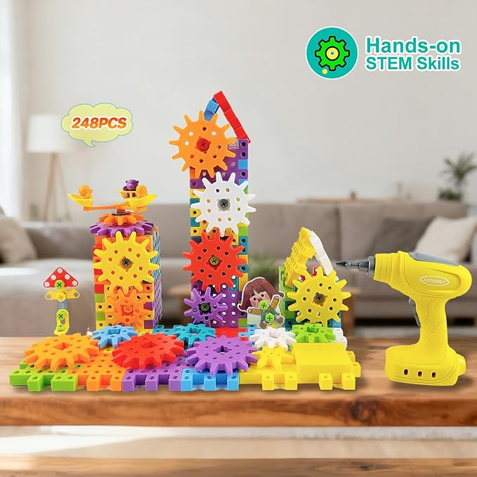 248PCS STEM Building Toys, Electric Gear Building Blocks Toys Set with Drill, Montessori Toddler Screw Toy, Kids Tool Set Construction Toy for Boys Girls Ages 4-8
