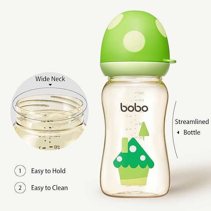YOHKOH PPSU Baby Bottle Wide Neck, Newborn Anti-Colic Baby Bottle with Natural Response Nipple, Streamlined Body, Easy to Clean (8.8oz (Pack of 4), Green)