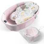 Collapsible Baby Bathtub - Large Baby Bath Tub with Thermometer & Cushion | Travel Portable Newborn Infant Bathtub | Foldable Toddler Bathtub for Baby 0 to 36 Months (Pink)