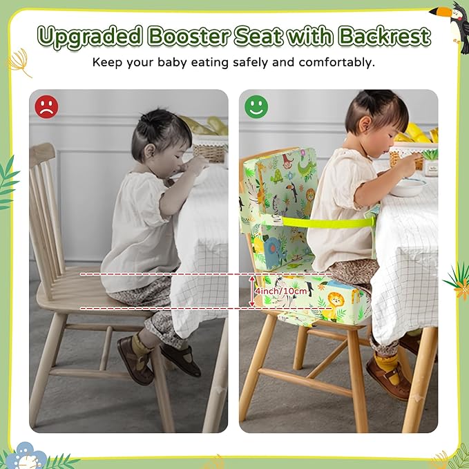 Booster Seat for Kitchen Chair with Backrest & 4 Adjustable Straps, Portable TPU Waterproof & Anti-Scratch Toddler Booster Seat for Dining Table, Removable & Non-Slip Booster SEat for Table