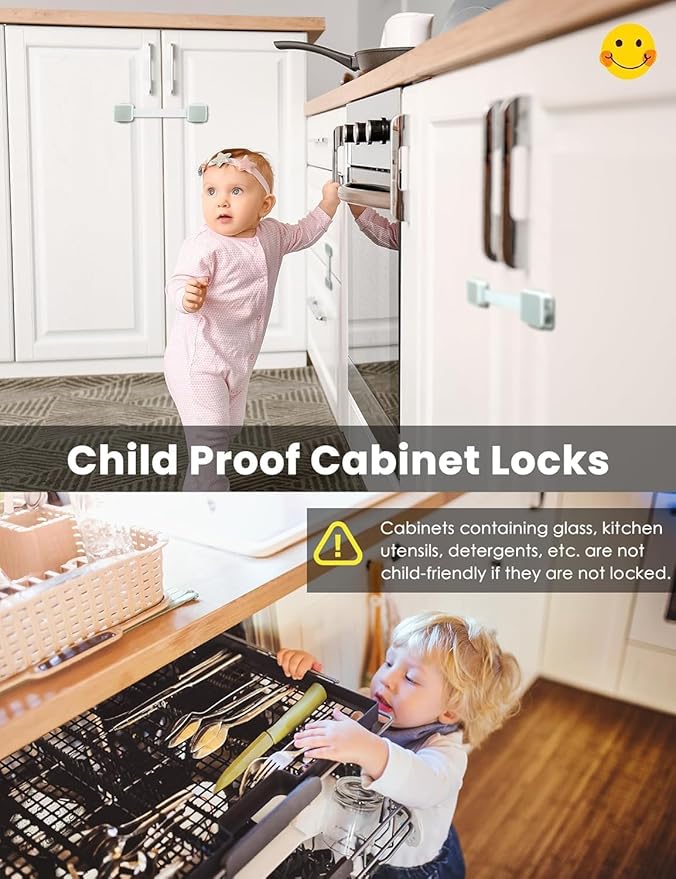 12 Pack Baby Proofing Safety Locks Child Safe for Cabinet Drawer Fridge Oven Dishwasher Doors, Toilet Seat & Lid, Adjustable Furniture Latches and Straps, 3M Adhesive No Drilling Button,Unlock Design