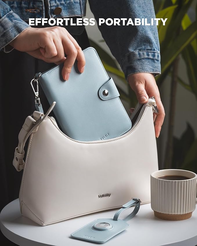 VULKIT Airtag Passport Holder for Travel, RFID Blocking Travel Wallet, Passport Cover for Family with Luggage Tag & Wrist Strap, Holds ID Card, 6+ Cards, Tickets, Cash, Coin, Blue, Family 4 persons