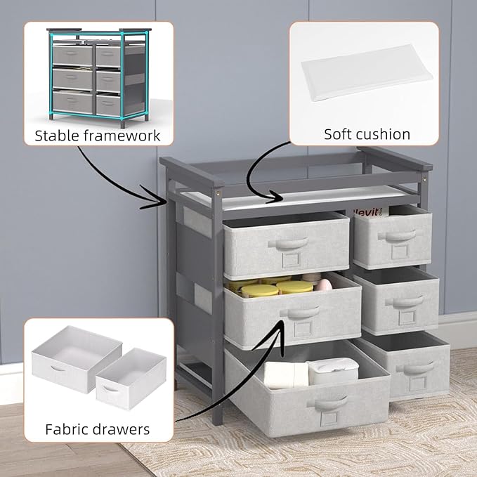 Glaf Baby Changing Table with 6 Storage Drawers and Pad Topper Modern Diaper Change Station Changing Table Dresser for Newborn Baby and Infant (Grey)