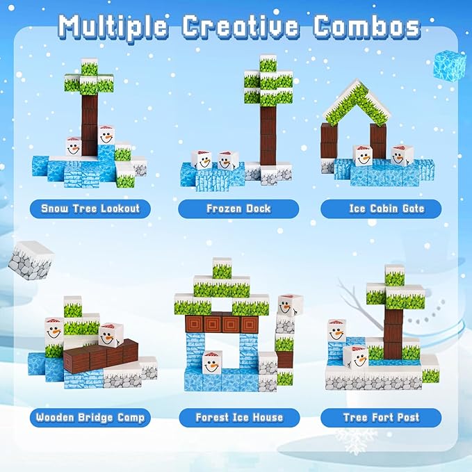 3 otters 32PCS Magnetic Blocks, STEM Toys for Kids Travel Magnetic Tiles with Storage Box for Kids Party Birthday Gift (Winter)