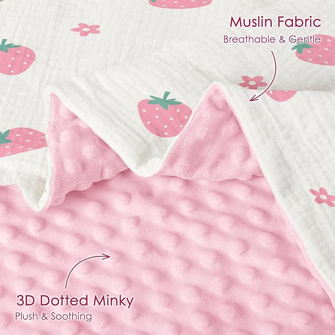 Strawberry Baby Blankets for Girls, Soft Nursery Minky Blankets with Muslin and Dotted Fleece Back 30x40 inches, Receiving Bed Quilt for Newborn, Infants, Toddlers