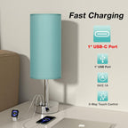 Teal Touch Bedside Lamps for Bedroom - Small Coastal Nightstand Lamp with USB-C and USB A Charging Ports, 3 Way Dimmable Control Table Lamp for Office, Dorm with Fabric Shade Silver Base