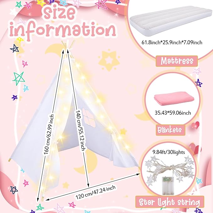 Windyun 6 Pack Kids Teepee Tent for Slumber Party Sleepover Tents for Girls Party with Air Mattress, Star Lights, Blankets Trays Sheets, Natural Cotton Toddler Play Teepee for Indoor Outdoor(White)