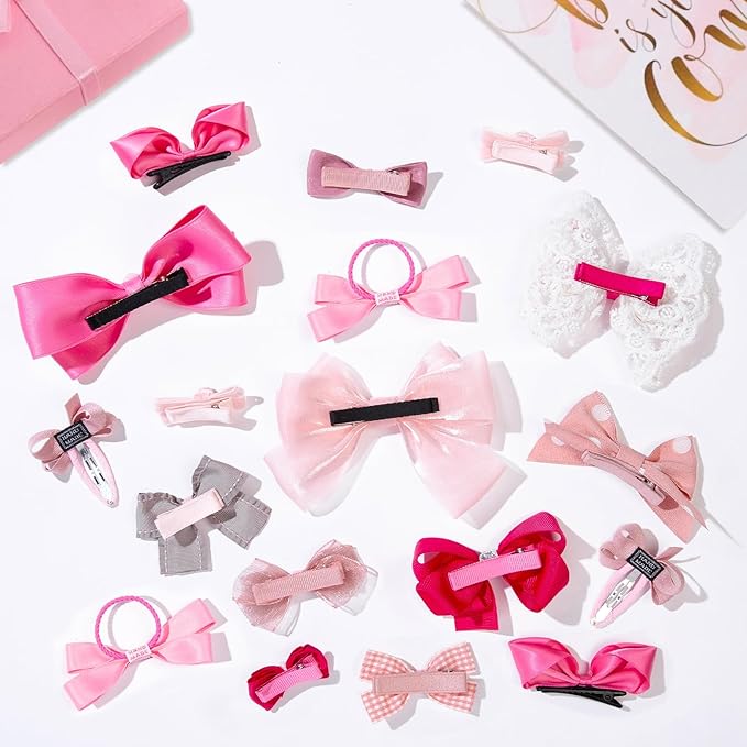 18pcs Pink Hair Bows for Baby Girls,Toddler Girls and Teen Girls.Alligator Hair Clips,Hair Barrettes,Hair Ties,Snap Clip Hairpins.Handmade Hair Accessories Gift Set