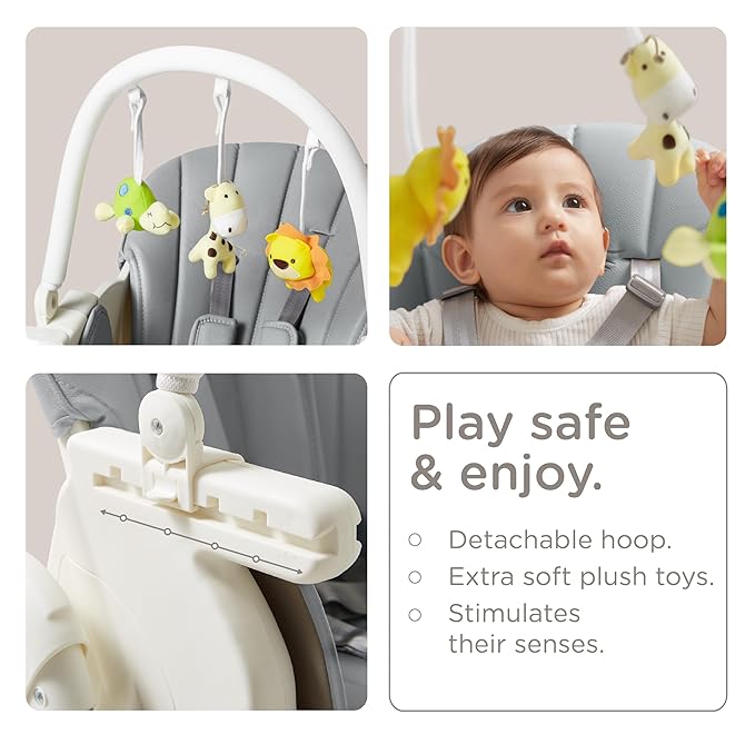 KÜB 3-in-1 Foldable Baby High Chair, 7 Height & 4 Recline Adjustable Seat & Tray for Easy Clean, 2 Locking Wheels, Multifunctional Infant High Chairs for Babies and Toddlers (Grey, with Toys)