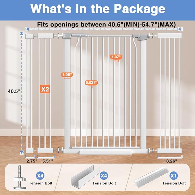 40.5"-54.7" Baby Gates for Doorways, 40.5" Tall Dog Gate Indoor, Walk Through Pet Gates No Drilling Auto Close Pressure Mounted Safety Child Toddler Gate, White