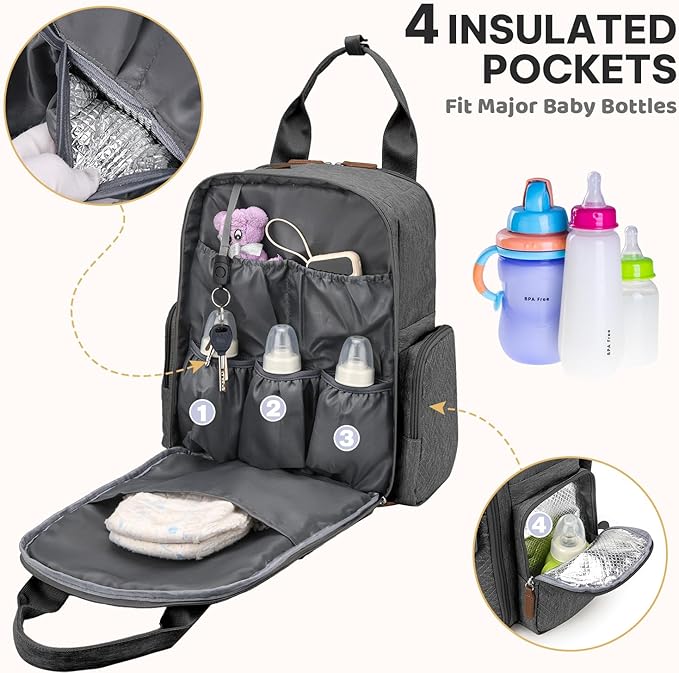 Diaper Bag Backpack - Large Diaper Bag with Portable Changing Pad as Baby Shower Gifts, Lightweight Waterproof Unisex Travel Baby Bag with 4 Insulated Pockets and Stroller Buckles, Dark Grey