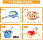 80Pcs Kitchen Playset, Toddler Pretend Cooking with Pots, Pans, Cookware, Food, Picnic Blanket, Fruits, Veges, Shopping Storage Basket, Dessert , Learning Gift for Girls Boys (Blue)