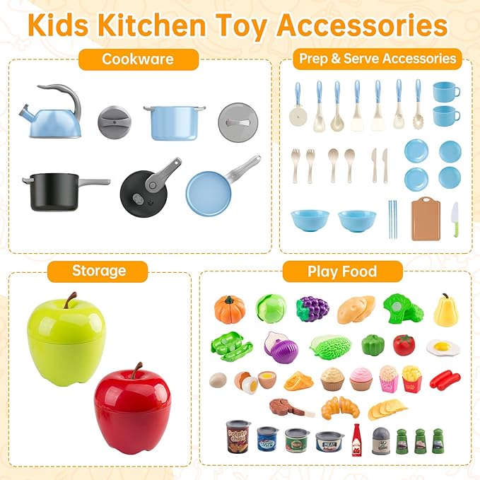 100Pcs Kitchen Playset, Kids Pretend Cooking Play Pots, Pans, Utensils, Cookware, Toy Food Fruits Veggies, with 2 Large Apple - Shaped Storage, Toddler Cooking Learning Gift (Blue