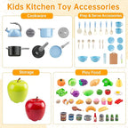 100Pcs Kitchen Playset, Kids Pretend Cooking Play Pots, Pans, Utensils, Cookware, Toy Food Fruits Veggies, with 2 Large Apple - Shaped Storage, Toddler Cooking Learning Gift (Blue