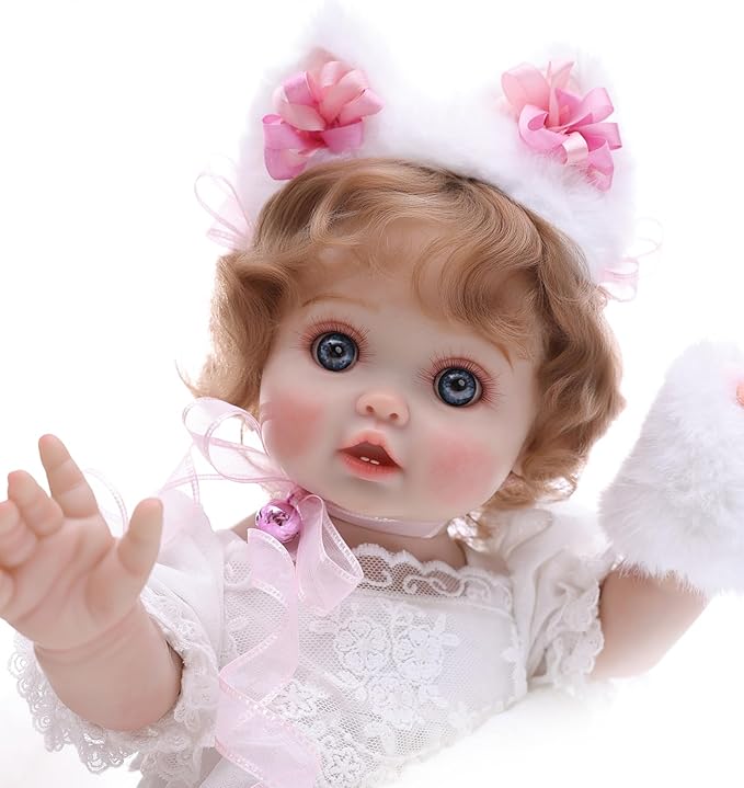 Baby Doll, 18 Inch Realistic Reborn Toddler Real Life Baby Dolls with White Lace Dress, Magnetic Cat Nose, Fluffy Paw Mitten & Tail, Premium Collectible Gift for 3+ Year Old Girls