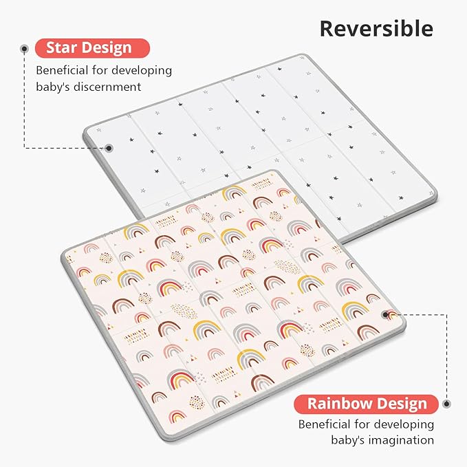 Foldable Baby Play Mat, PIGLOG 50x50 Playpen Mat, 0.6in Thick Waterproof Playmats for Babies and Toddlers Kids, Safe Foam Playmat for Tummy Time, Reversible Portable Baby Floor Mat for Infant, Rainbow