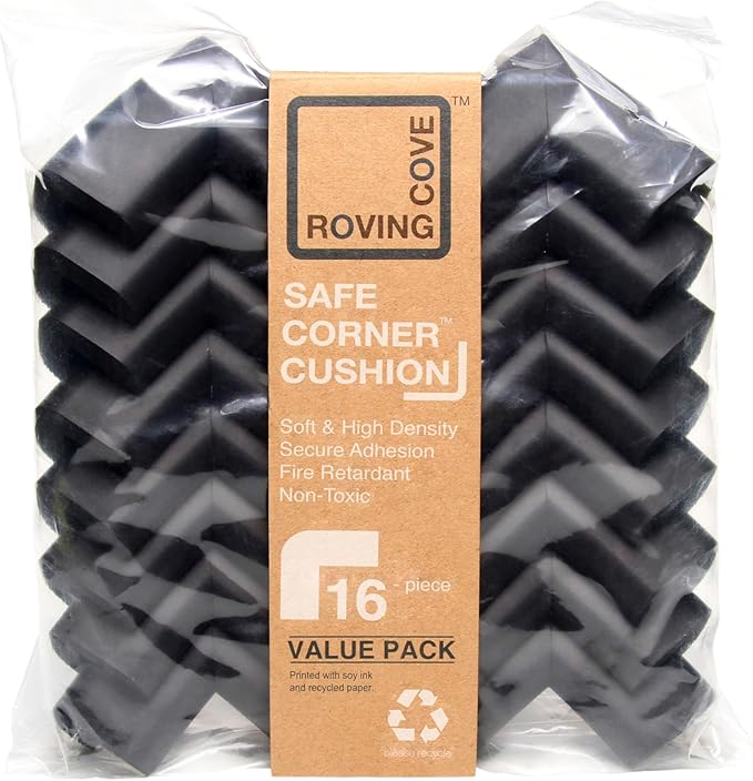 Roving Cove HeftyFit Corner Protector for Baby (16 Large Corners), Heavy-Duty Soft Rubber Foam Furniture Corner Bumper Guards, 3M Adhesive Pre-Taped, Onyx Black