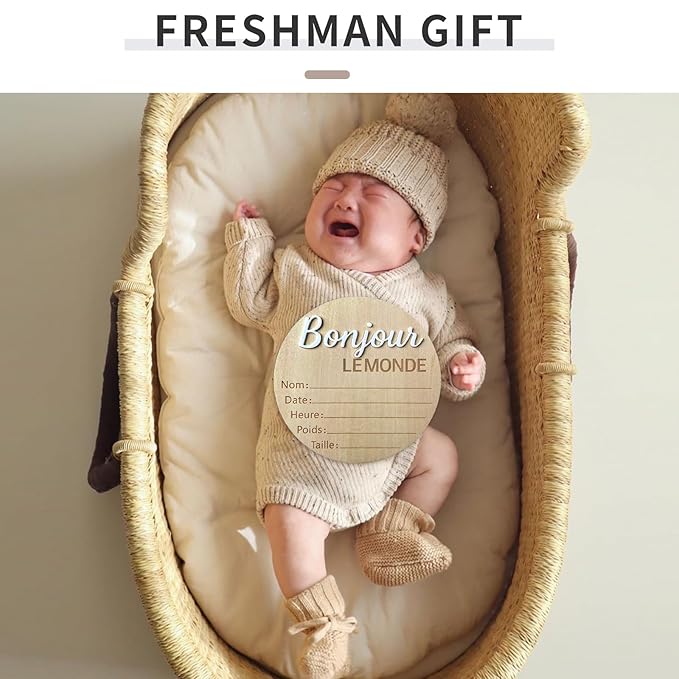 Baby Announcement Sign, 5.9 Inch Wooden Hello World Newborn Signs, "Bonjour Le Monde" Decoration, Birth Announcement Sign, Welcome Newborn Arrival to World, Hospital Nursery for baby