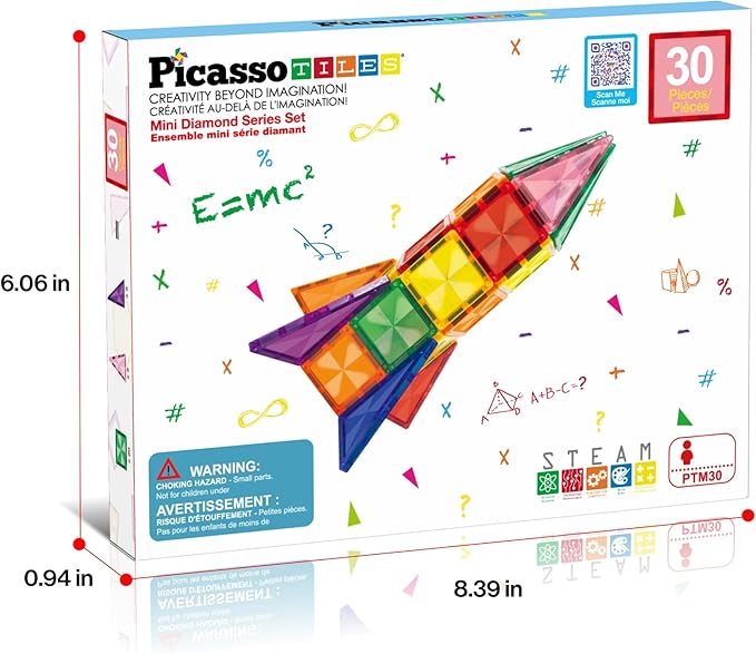 PicassoTiles 30pcs Mini Size Magnetic Tiles Sensory Magnet Toys Diamond Series Construction Building Blocks Set STEM Learning Travel Size Educational Toy for Kids Boys Girls Toddlers Age 3+ PTM30