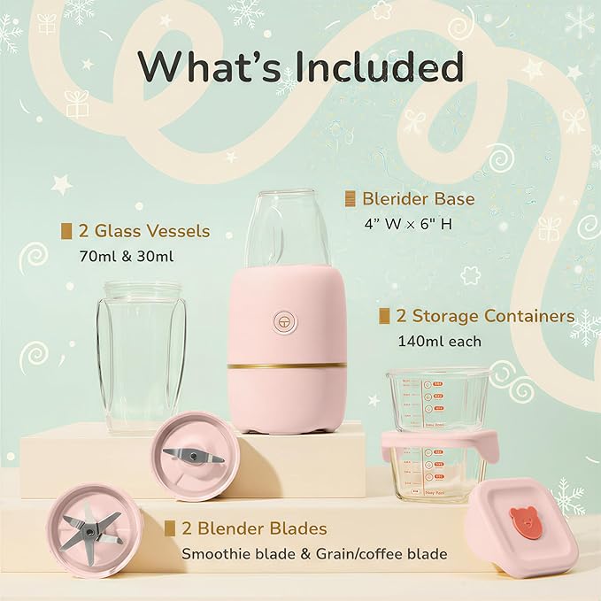 Bubble Blender, Baby Food Maker & Puree Blender with 2 Borosilicate Glass Cups, Compact Baby Bullet for Smoothies, Hands-Free One-Touch, 200W Motor, Rose