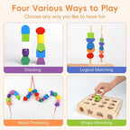 3 in 1 Wooden Color Sorting Stacking Toys, Montessori Toys Geometric Shape Sorter Matching Lacing Beads Sequencing Toy Set Preschool Learning Fine Motor Skills for Toddlers 3 4 5 Years