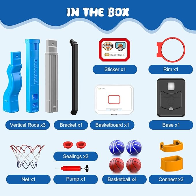 Toddler Basketball Hoop, Adjustable Height 2.3-4.5ft Baby Basketball Goal Set with 4 Balls & Pump, Backyard Poolside Basketball Toy for Boys & Girls Birthday Gift, Blue