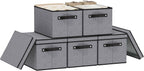 Storage Boxes, 15 x 9.8 x 8.3 Inch Baskets for Organizing with Lids, Fabric Bins with Handles, Decorative Linen Closet Organizers, Gray, 5 Pack