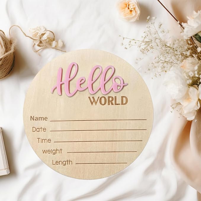 Baby Announcement Sign - 5.9 Inch Wooden Hello World Newborn Sign, Birth Announcement, Baby Shower Hospital Nursery for Newborn Boys and Girls (Pink)