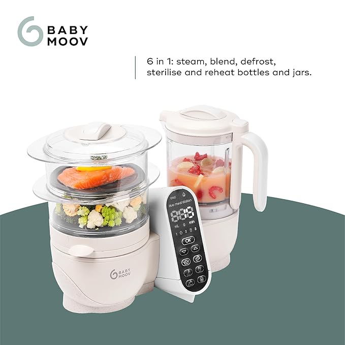 Babymoov Duo Meal Station 6 in 1: Multi-Speed Baby Food Maker Steamer and Puree Blender, Baby Food Processor that warms & defrosts (Nutritionist Approved), Mineral Beige