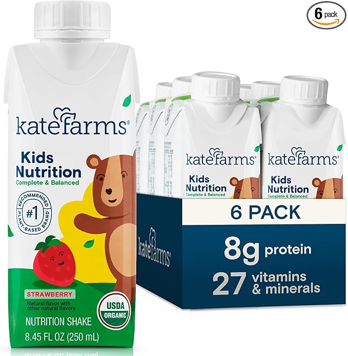 KATE FARMS Organic Kids Nutrition Strawberry Shake, 8g Protein, 27 Vitamins and Minerals, Meal Replacement, Gluten Free, Non-GMO, 8.45 oz (6 Pack)