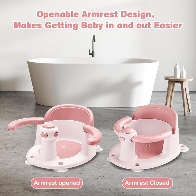 Baby Bath Seat for Babies 6 Months & up,3 Baby Bath Toys, Non-Slip Baby Bath Seat, Safe & Comfortable Baby Bath Support, Pink
