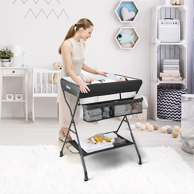 INFANS Baby Changing Table, Folding Diaper Station Portable Nursery Organizer with Safety Belt and Large Storage Racks for Newborn Baby and Infant (Black)