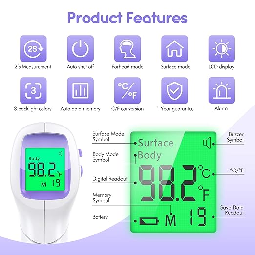 Thermometer for Baby and Adults, KKmier No Touch Forehead Thermometer, Digital Thermometer with Fever Alarm, 2s Accurate Instant Reading, 99 Sets Memory