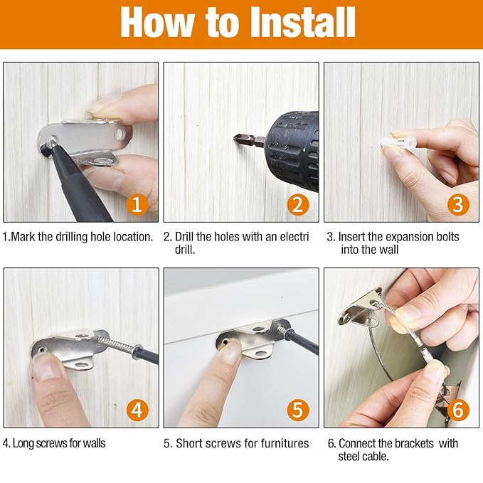 Furniture Anchors (10 Packs) Anti Tip Furniture Anchors for Baby Proofing, Furniture Wall Anchor Earthquake Straps for Furniture Dresser Wall Safety Anchor Furniture Fasteners to Wall, Silver