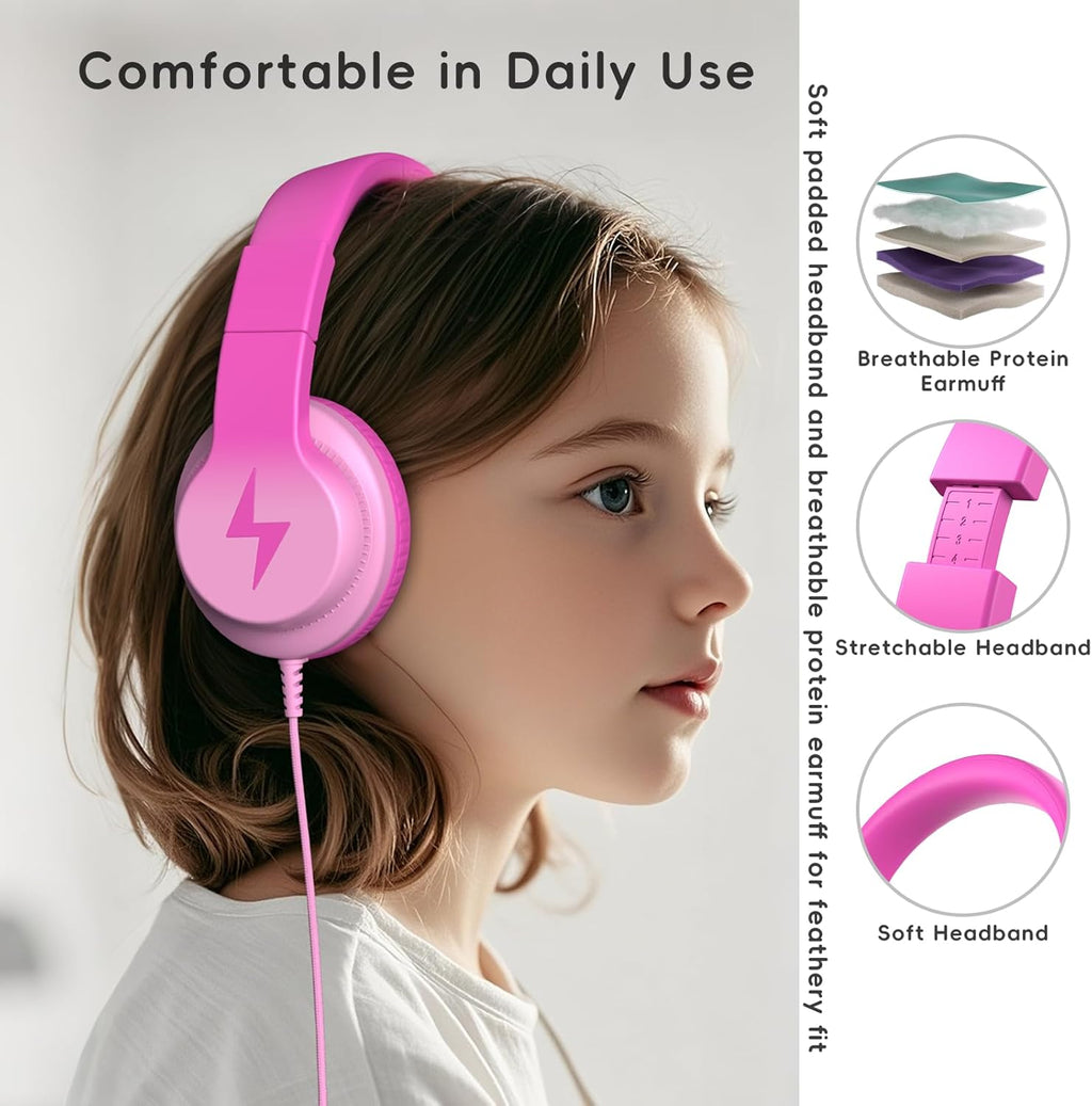 Kids Headphones, Wired Headphones for Kids Over Ear with Microphone, 85/94dB Volume Limiter Headphone for Girls Boys, Foldable Headphone for Learning & Entertainment, Gradient Deep Pink