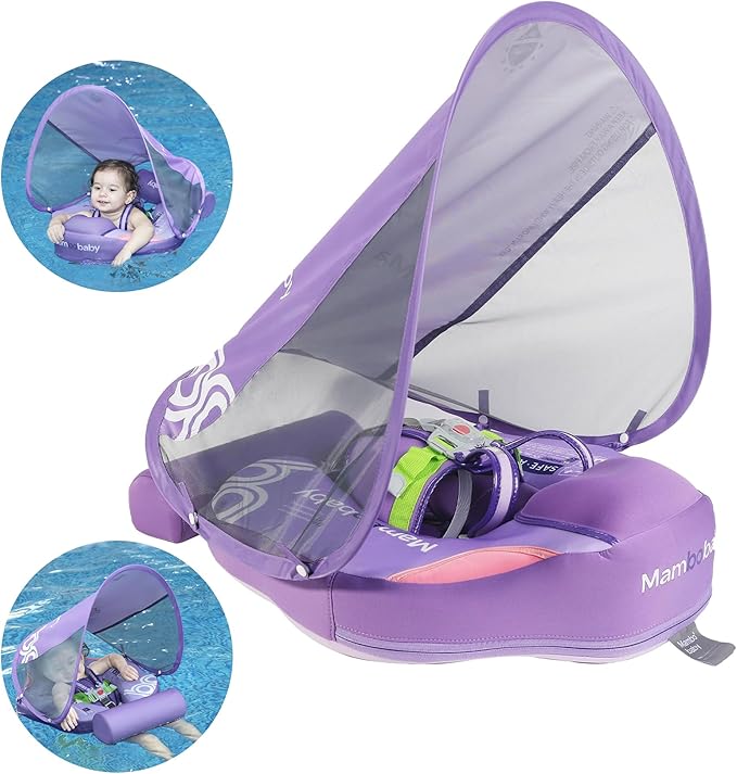 Mambobaby Float Baby Float with Canopy & Tail Non-Inflatable Infant Pool Floats Adjustable Safety Strap Toddler Swim Trainer (Purple)