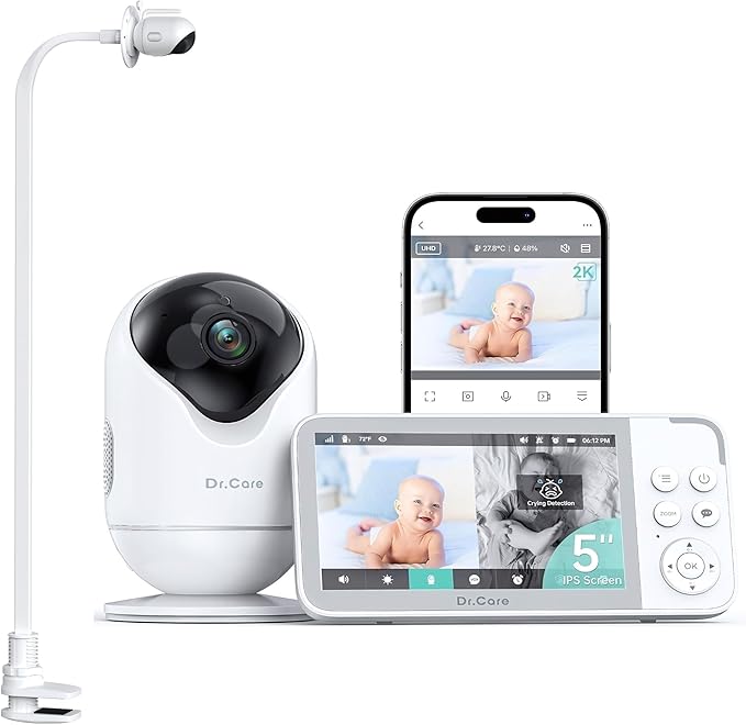 Dr.Care VistaView 5” Smart WiFi Baby Monitor with Clip Mount - 2K HD Camera, App Control, Cry & Motion Alerts, Night Vision, 5000mAh Battery, 2-Way Talk, Multi-User, Triple Security