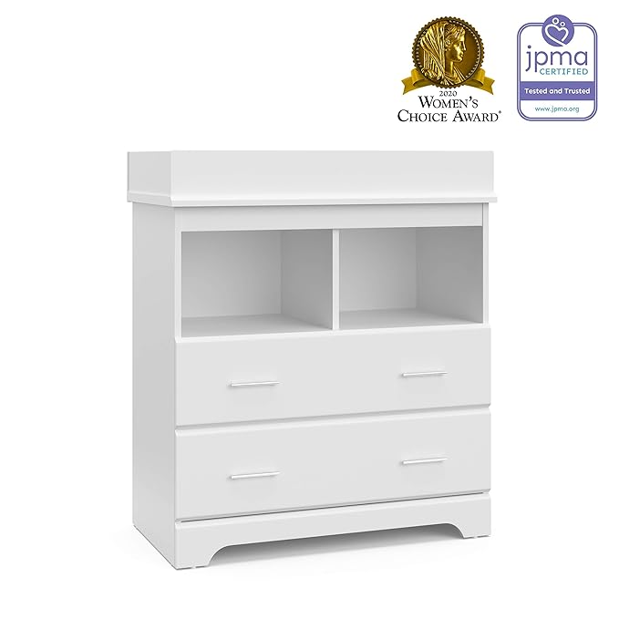 Storkcraft Brookside 2 Drawer Changing Table Dresser (White) – GREENGUARD Gold Certified, Easy-to-Match Chest of Drawers and Cubbies for Nursery and Kids Bedroom, Includes Changing Table Topper