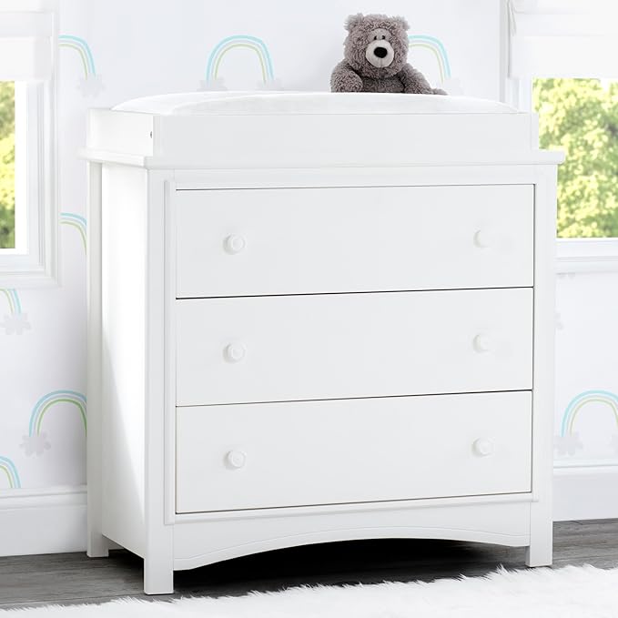 Delta Children Perry 3 Drawer Dresser with Changing Top and Interlocking Drawers, Bianca White
