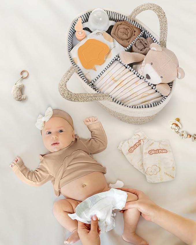 Maliton Extra Large Diaper Caddy Organizer, Cotton Rope Nursery Basket, Portable Organizer for Changing Table, Car, Diaper Storage for Baby Stuff for Newborn