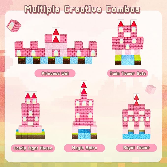 3 otters 32PCS Magnetic Blocks, Toddler Travel Toys Castle Magnetic Building Cubes STEM Learning Toys for Kids Gifts for Girls 3 4 5 6 7 8