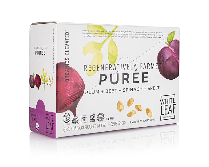 White Leaf Provisions Organic Purees / Baby Food Pouches - Fruits, Veggies & Grains, Toddler snack, Regeneratively Farmed, No Added Sugar, Non-GMO, BPA-Free Pouches 3.17 oz (Pack of 24, Plum + Beet + Spinach + Spelt)