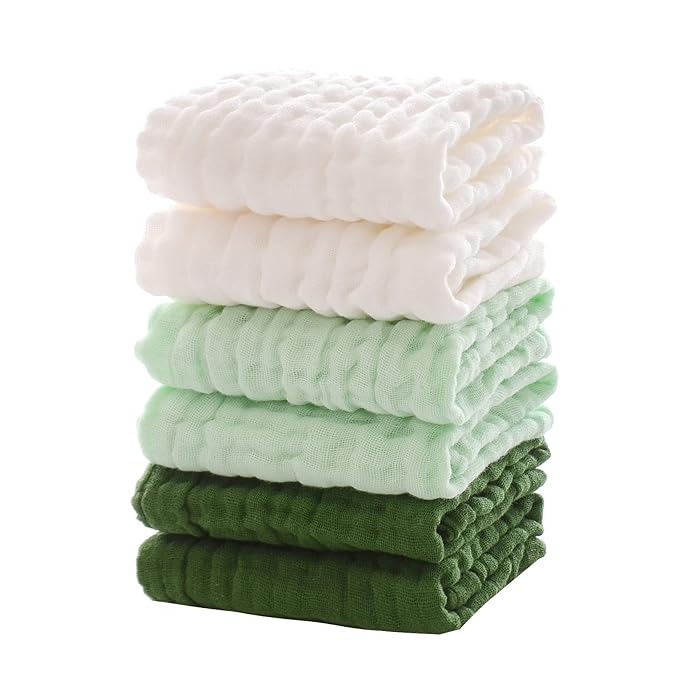 MUKIN Baby Washcloths - Soft Face Cloths for Newborn, Absorbent Bath Face Towels, Baby Wipes, Burp Cloths or Face Towels, Baby Registry as Shower. Pack of 6-12x12 inches (Green)