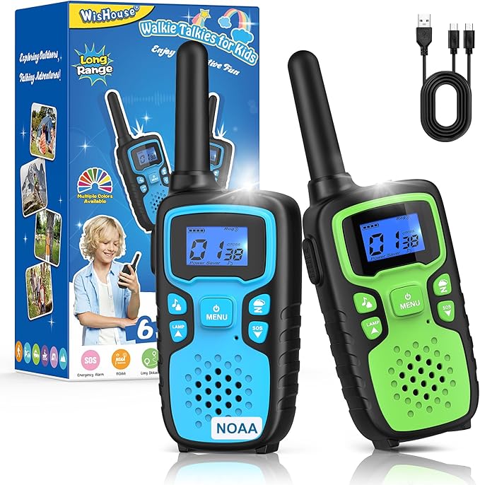 Wishouse Walkie Talkies for Kids Rechargeable Long Range,Xmas Birthday Gift for 4 5 6 7 8 9 Year Old Boys Girls,Hiking Gear Camping Games Cool Toys with NOAA,SOS Siren,Lamp,Lanyards,Easy to Use,2 Pack