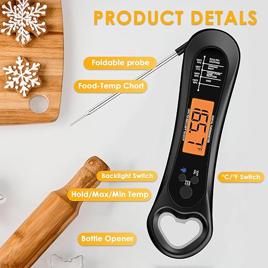 Meat Thermometer Digital Instant Read, with Bottle Opener, for Grill and Cooking, Backlight & Calibration Food Thermometer, Kitchen Gadgets for BBQ, Turkey, Candy, Liquids